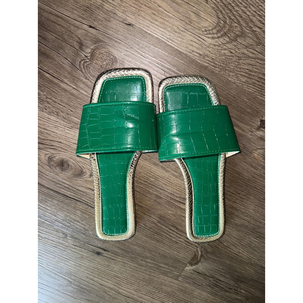 Green Faux Croc Square Toe Slide Sandals Gold Trim Flat Mules Size 37